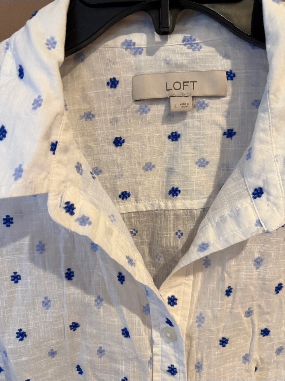 LOFT White Button-Down Shirt with Blue Dot Print and Front Tie - Picture 2 of 5